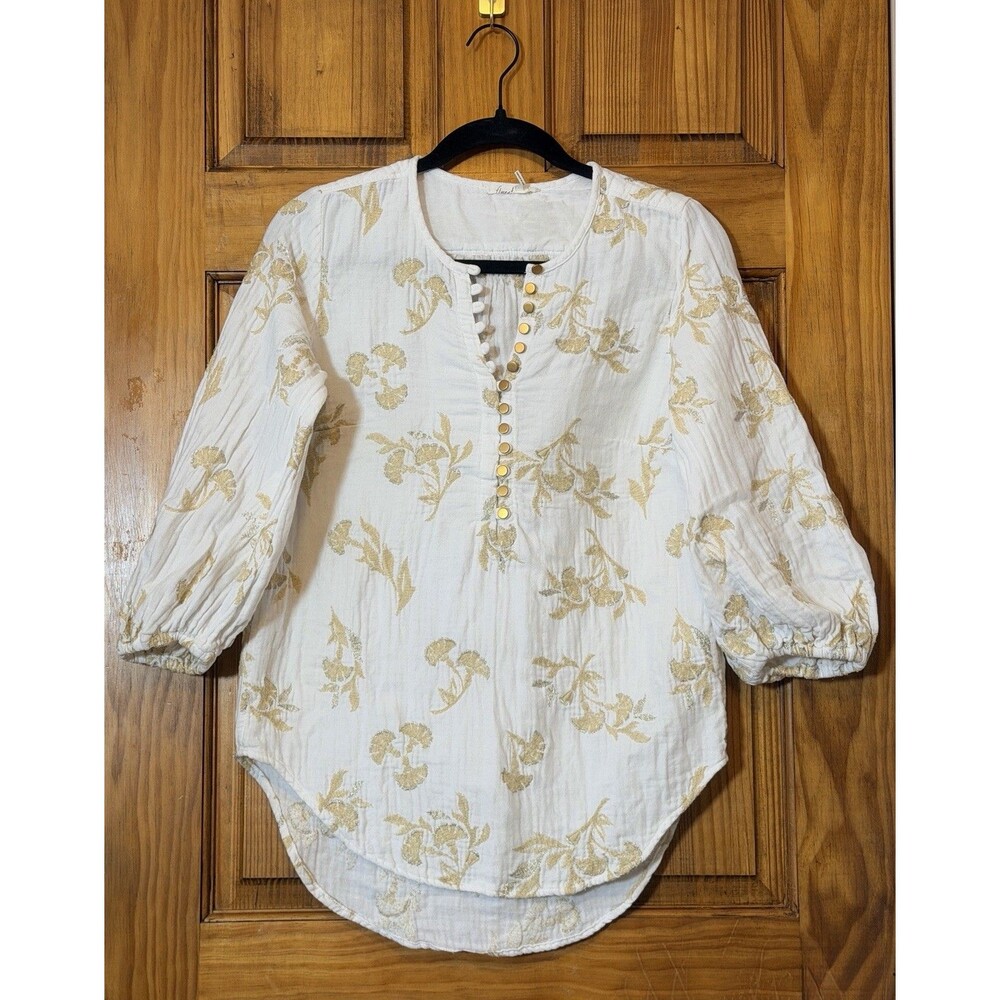 Anthropologie Floreat Atley Embroidered Boho Popover Blouse Top White Gold S